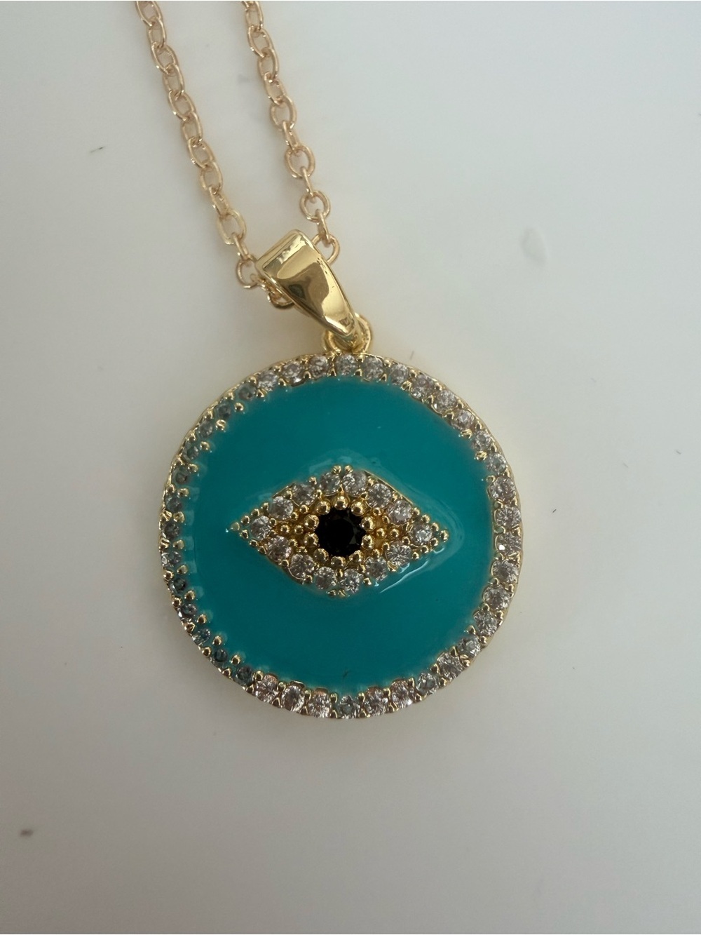 Gold Tone Chain Necklace with Teal Evil Eye Pendant - Women/Unisex Jewelry